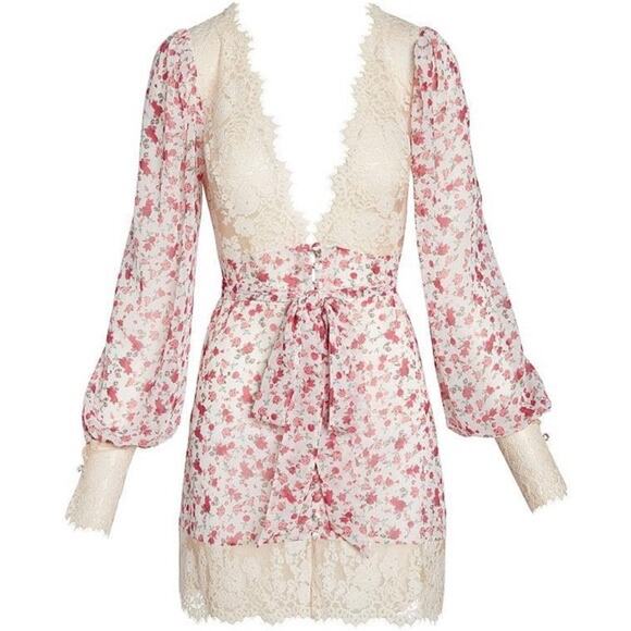 For Love & Lemons NWT Victoria’s Secret Pink Lace Floral Melrose Mini Robe XS - Picture 3 of 14